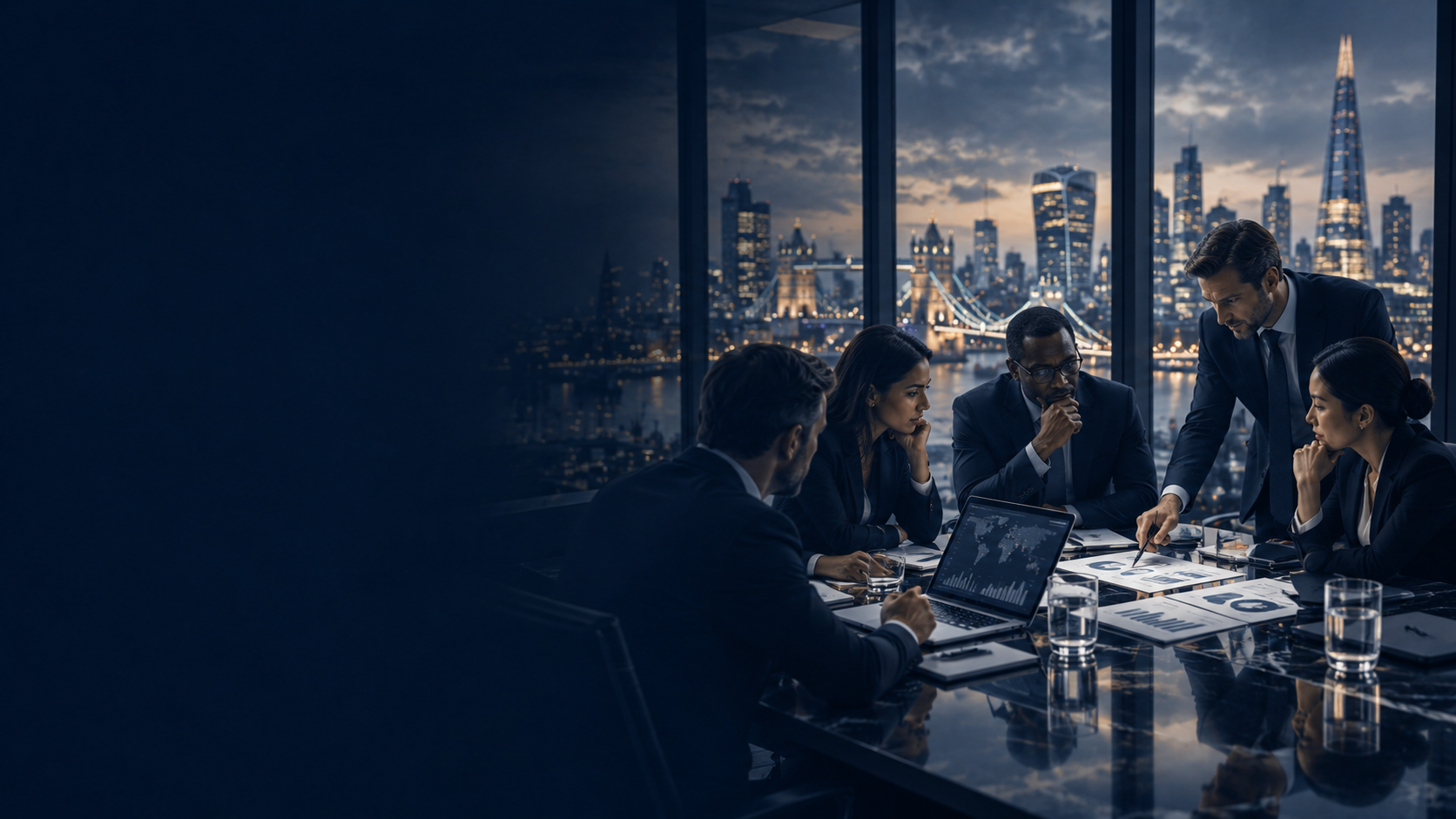 Leadership team reviewing operating plans in a modern office